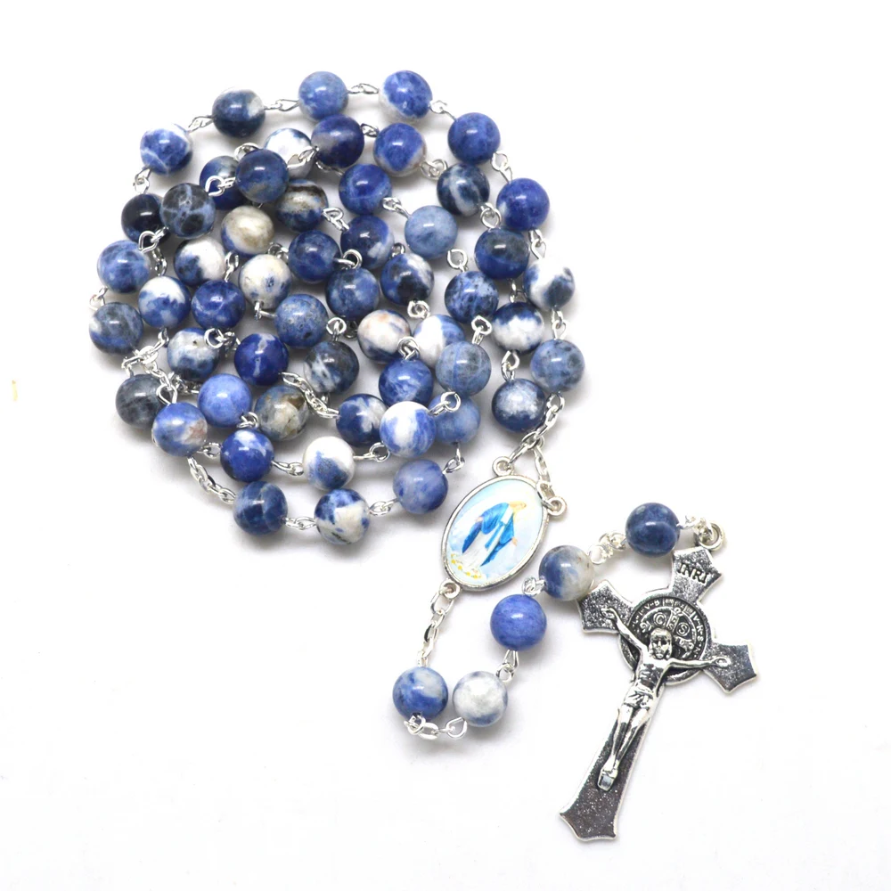 Ожерелье с голубыми четками нашей леди изящности 8 мм круглый каменный шарик