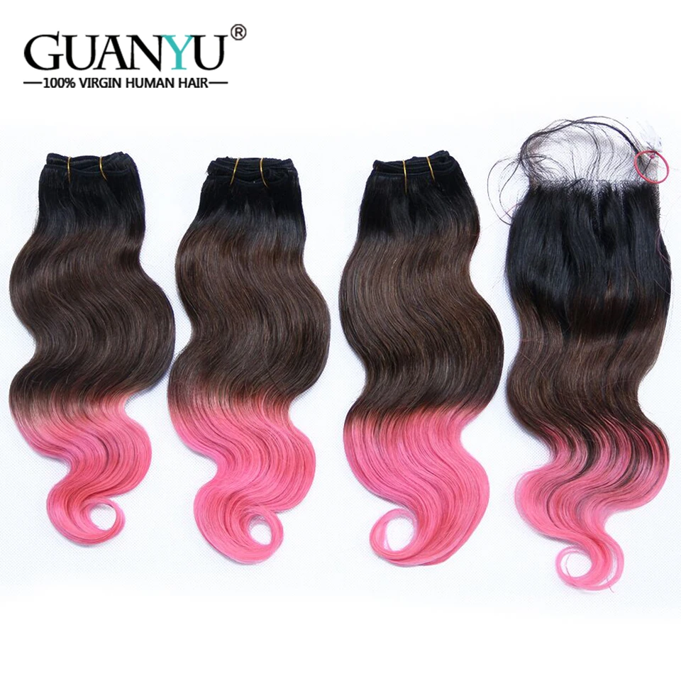 Guanyuhair 1B/4/4 розовый три тона Омбре 3 пучка с закрыванием 4*4 перуанские Remy