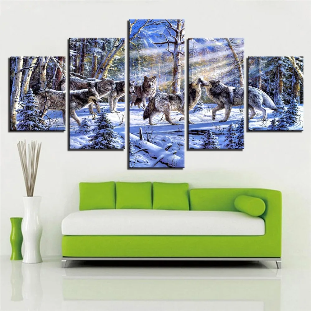 Canvas Painting Modern Art Wall Decoration Frame Modular Pictures Landscape Oil 5 Panel Animal Wolfs in the Forest | Дом и сад