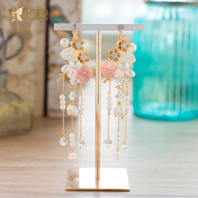 Модные длинные серьги Клип Кристалл Rhinestone Цветочный жемчуг девушка ювелирные