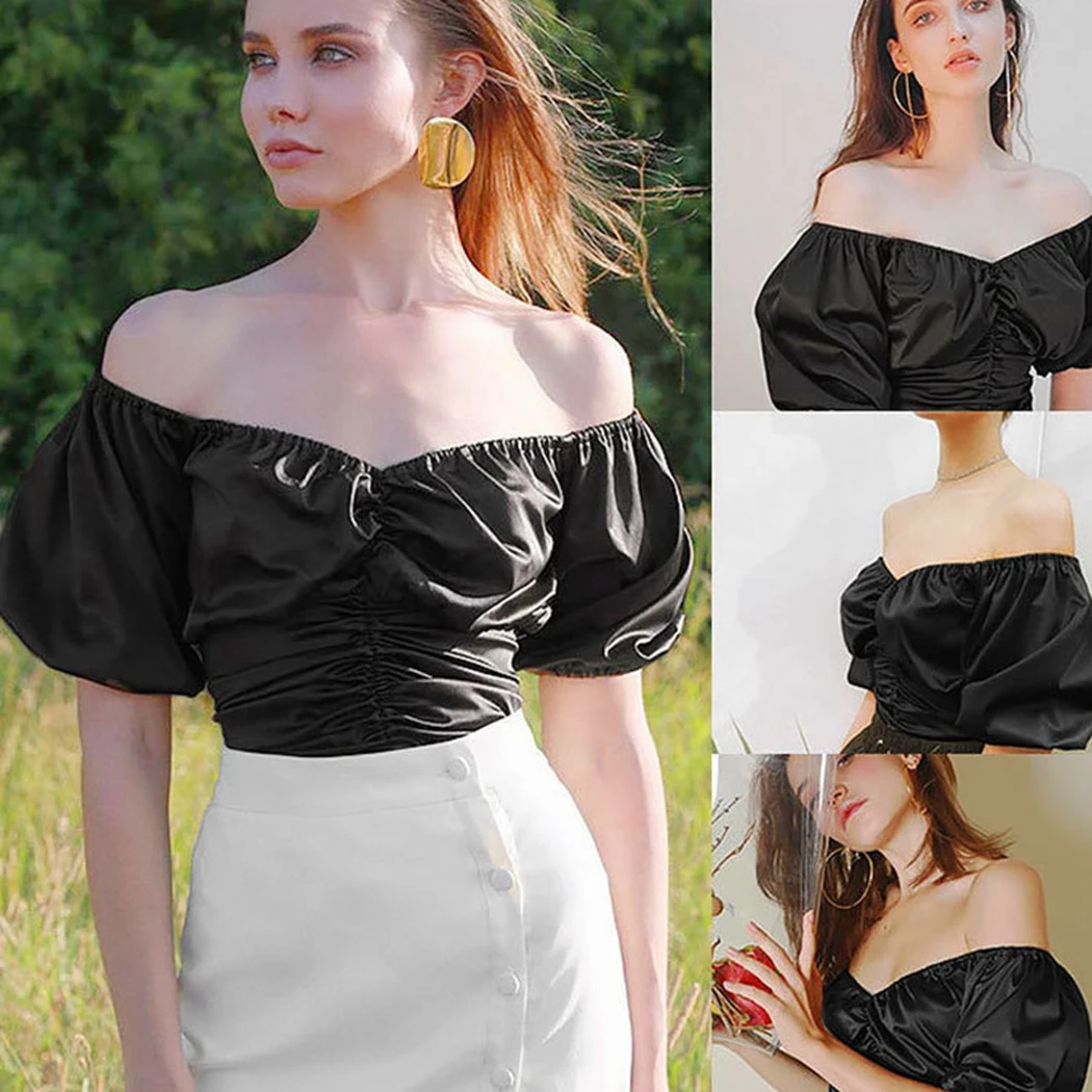 Sexy Retro Black Drawstring Crop Top Women V-Neck Off Shoulder Short Sleeve Blouses Ladies Vintage Slash Neck Bandage Shirt Tops |