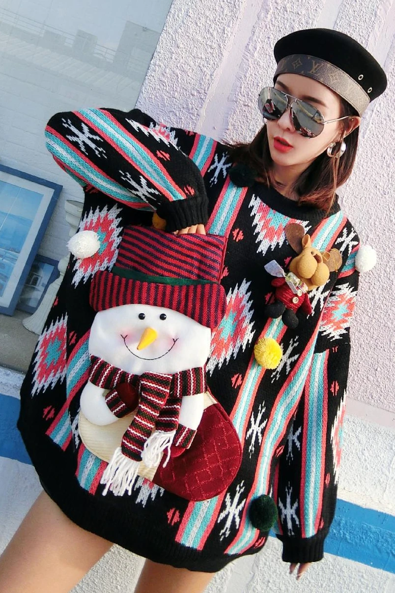 Thailand Tide brand autumn women 2018 new stitching round neck winter sweater female loose snowman Christmas | Женская одежда