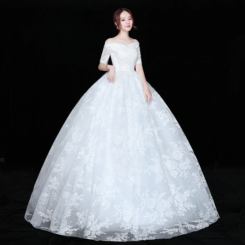 

Free Shipping 2021 Plus size Sweetheart off White Lace Half Sleeves wedding Dresses Princess Bride Gowns Frock Vestidos De Novia