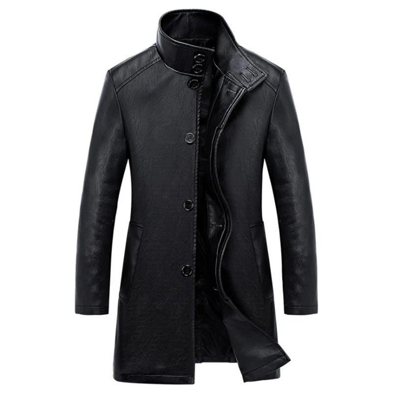 

Тренчкот мужской из экокожи, однобортный деловой повседневный кожаный жакет, длинное пальто, черный, большие размеры 4XL