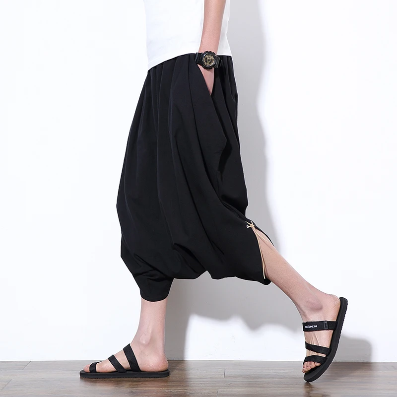 Шорты-султанки мужские из хлопка и льна свободные штаны с широкими штанинами в