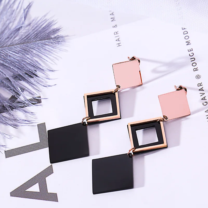 Luxury Stainless Steel Earrings Rose Gold Black Color Jewelry Fashion Female Bricons Wedding Long Big Drop For Women | Украшения и