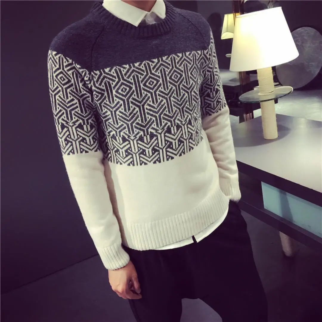 Свитер Мужской трикотажный с круглым вырезом шерстяной лоскутный свитер