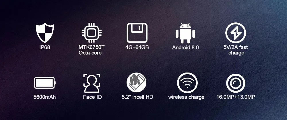 Vkworld VK7000 Android 8,0 IP68 водонепроницаемый смартфон беспроводной зарядки 4 Гб ОЗУ 64 Гб ПЗУ 5600 мАч Лицо ID 13MP Cam 4G мобильный телефон
