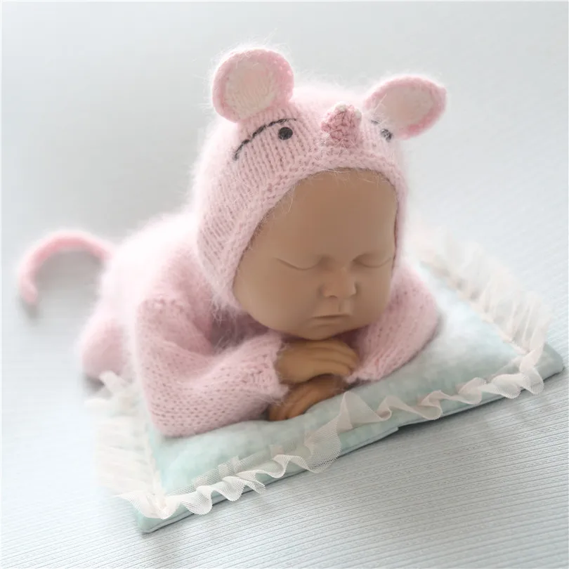 

Soft Pink New born footed Romper Set Brushed Angora Hat Newborn Photography Props Knitted Pig Bonnet Fluffy Baby Outfit Overalls