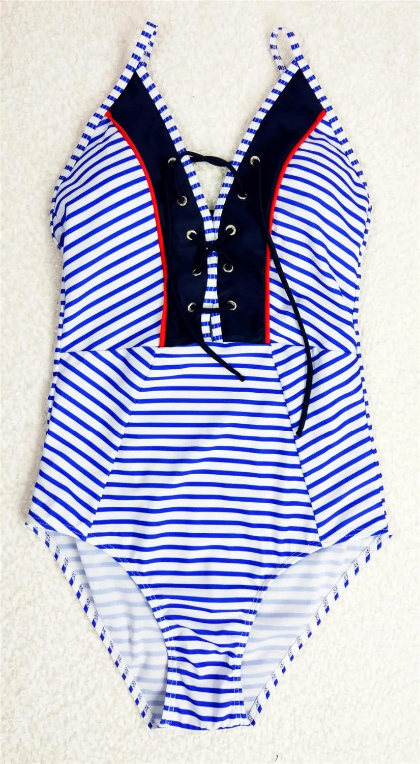 Полосатый Цельный купальный костюм с бандажом 2017 Женский монокини открытой