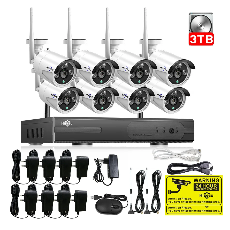 Белый 2MP CCTV система 1080P 8ch HD Беспроводной NVR комплект 3 ТБ HDD наружная ИК Ночная IP Wifi камера система безопасности видео наблюдение Hiseeu - Цвет: Белый