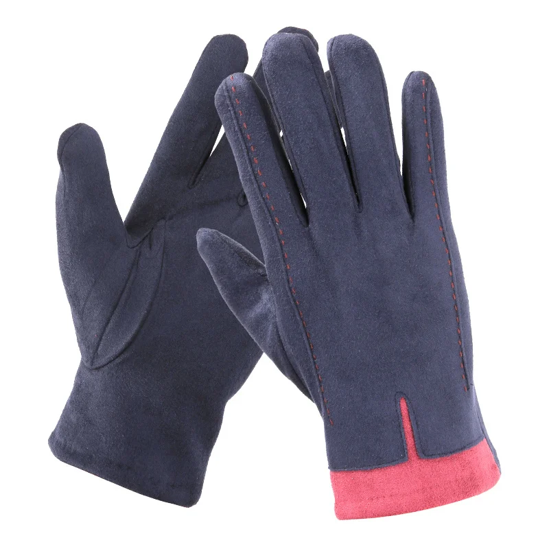 navy blue Замшевые перчатки мужские зимние теплые плюс бархат толстый хлопок вождения полный палец перчатки сенсорный экран TBWM01 - Цвет: navy blue