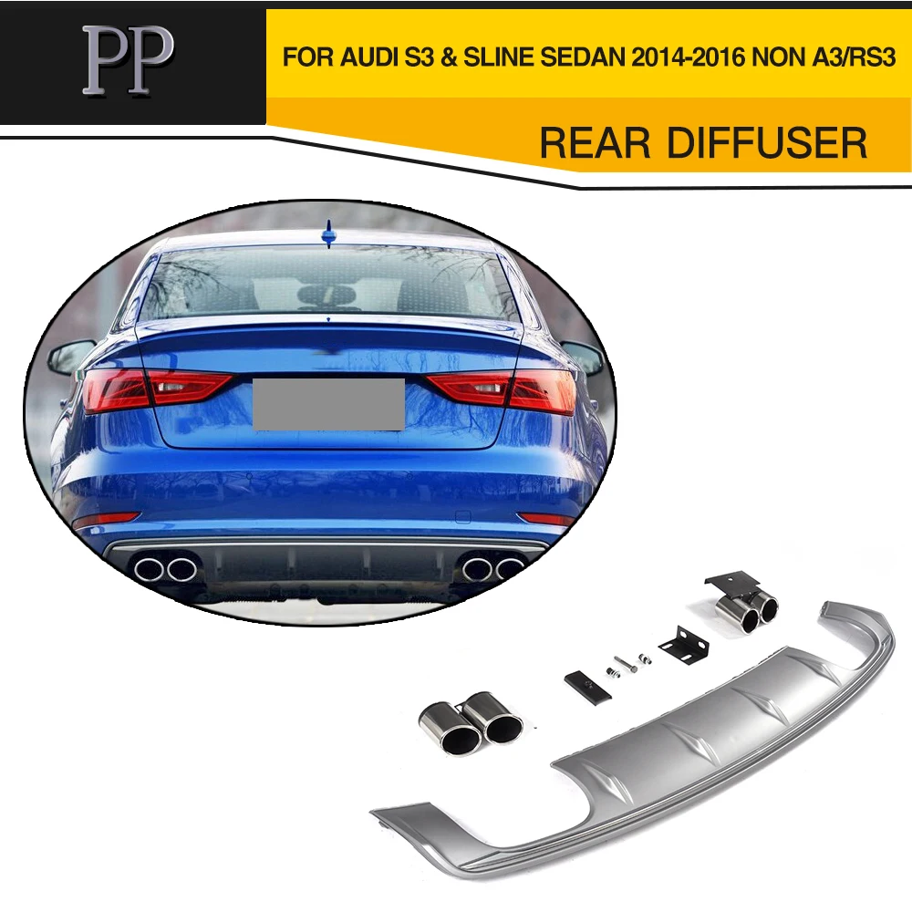 

PP Rear Bumper Lip Diffuser With Exhaust Muffler Tips For Audi S3 Sline Sedan 4 Door Only 2014 2015 2016