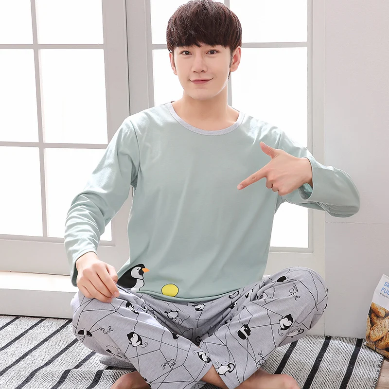 Cotton Pajama Men Пижамы для сна, мужские пижамы с длинными рукавами и круглым вырезом, одноцветная одежда для сна, пижамы для мужчин, зимняя Пижама для мужчин 4XL - Цвет: Cotton Pajama Men