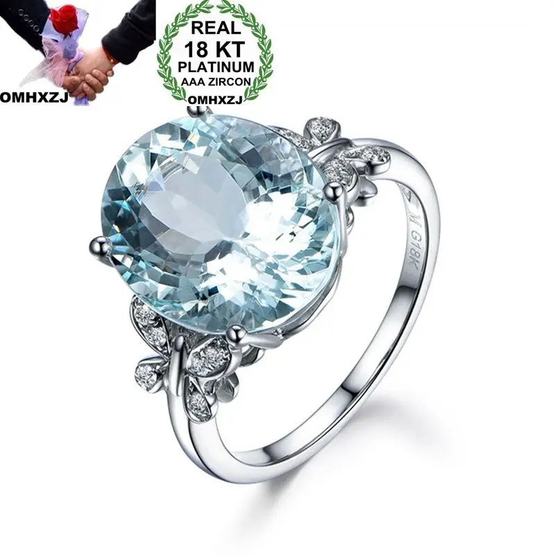 

OMHXZJ Wholesale European Fashion Woman Man Party Wedding Gift Oval White Light Blue Topaz AAA Zircon 18KT White Gold Ring RR647