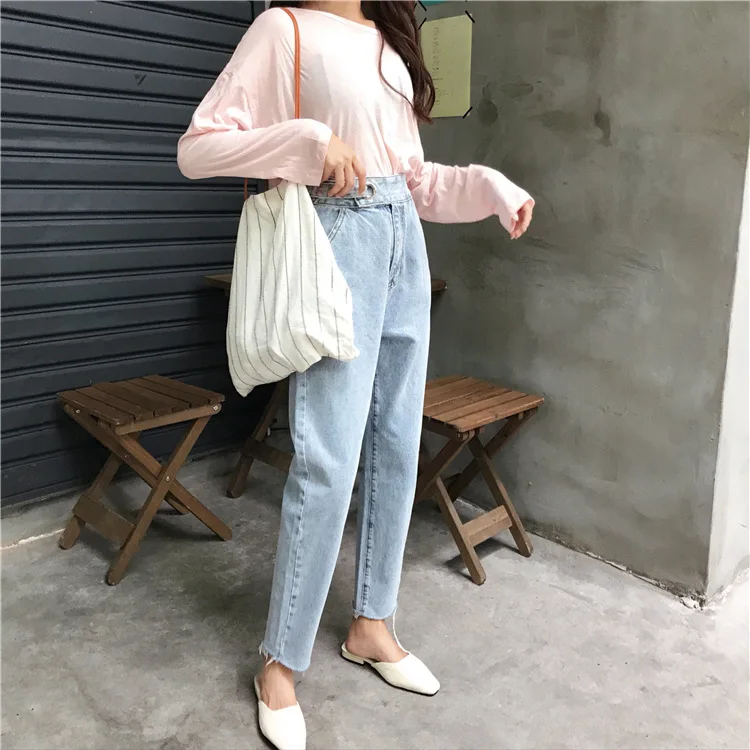 new hot sale women's spring summer loose high waist jeans pants ladies ankle-length harern pants S-L