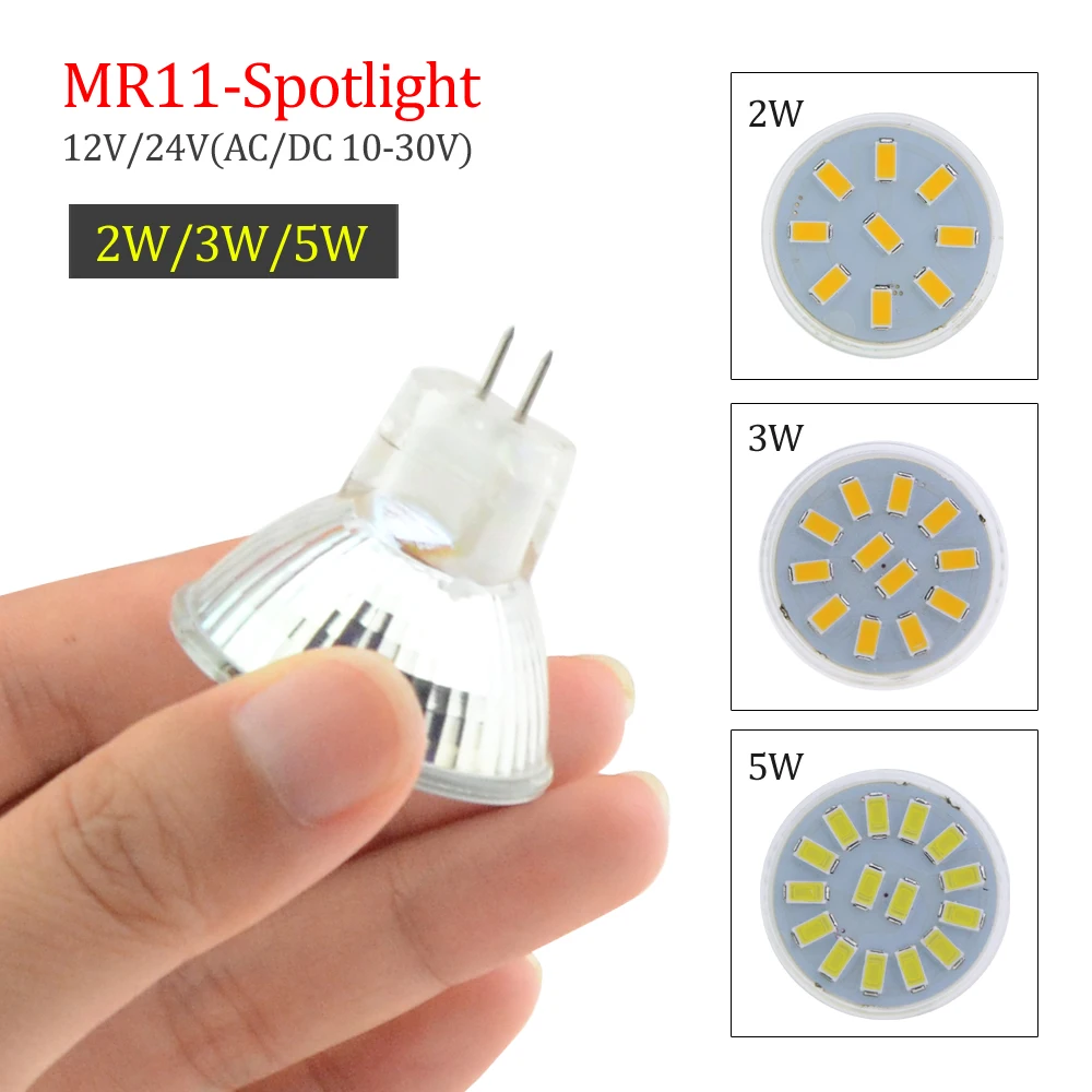MR11 Светодиодная лампа с диодным прожектором 12 В 24 в 2 Вт 3 5 SMD 5736 чип 9 15 светодиодов