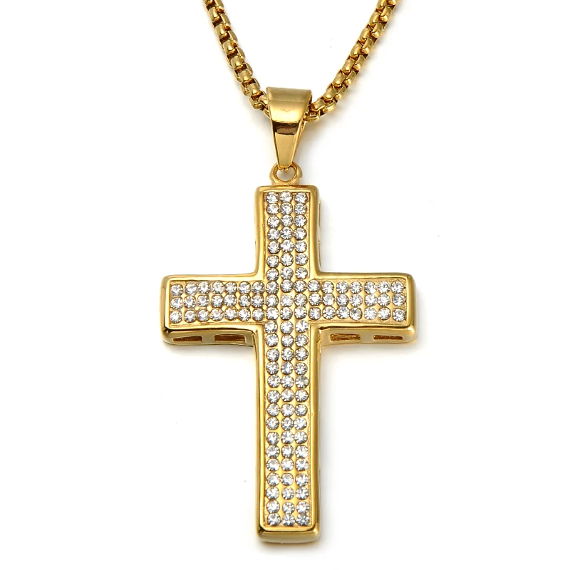 Хип-хоп, нержавеющая сталь, полностью, стразы, Bling Iced Out, молитвенный крест, подвески, ожерелья, мужские, золотой цвет, цепочка, рок ювелирные изделия