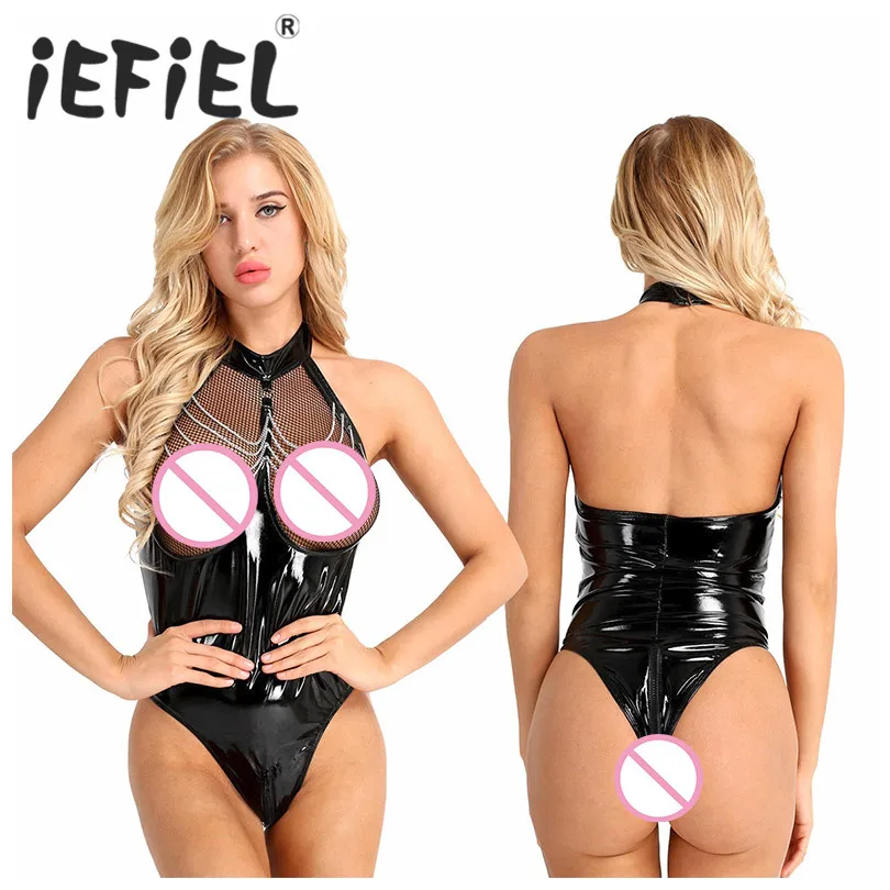 Женские Модные Экзотические боди цельный высокий вырез Холтер шеи Wetlook