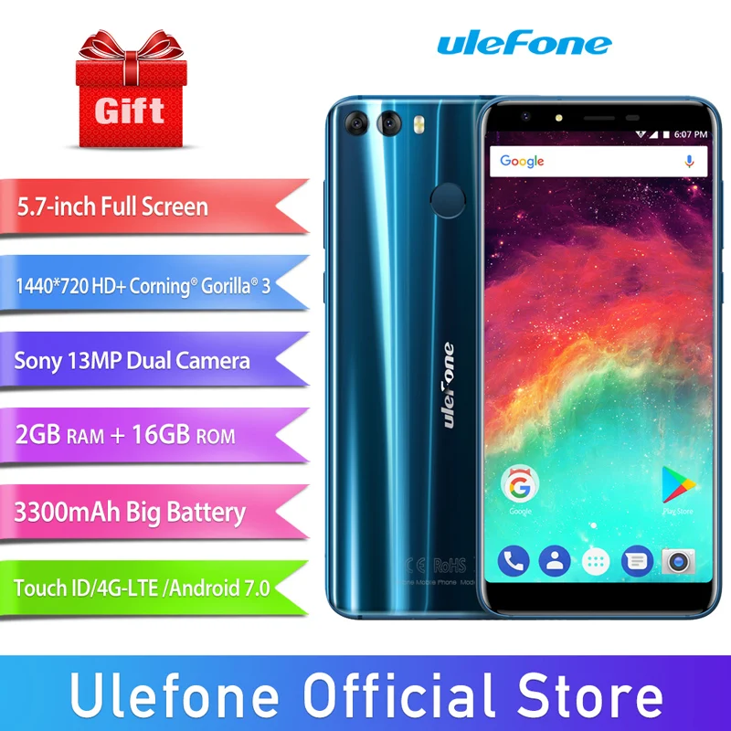 Ulefone Mix 2 5 7 дюймов HD + 13MP двойной камеры мобильный телефон MTK6737 4 ядра Android 0 ГБ 16