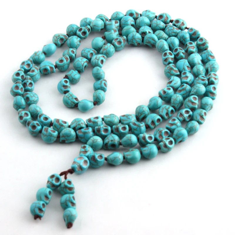 Drop Shipping Bohemian Jewelry Blue Long Knotted Tibetan Buddhism 108 Skull Heads Prayer Bead Mala Necklace |