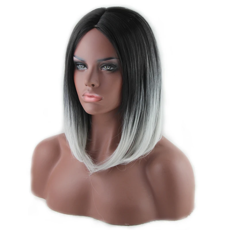 

QQXCAIW Women Medium Long Cosplay Party Black To Grey Ombre 45 Cm Synthetic Hair Wigs