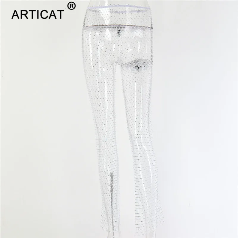 Articat, стразы, алмаз, сексуальные, с разрезом, широкие брюки, для женщин, высокая талия, выдалбливают, летние, женские брюки, повседневные, пляжные, вечерние, брюки