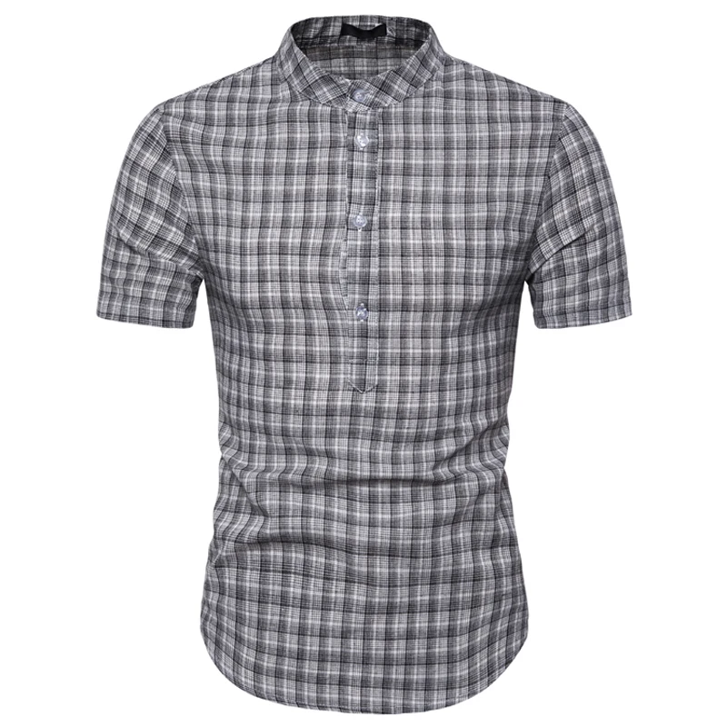 Мужская рубашка с коротким рукавом хлопковая Облегающая в клетку воротником