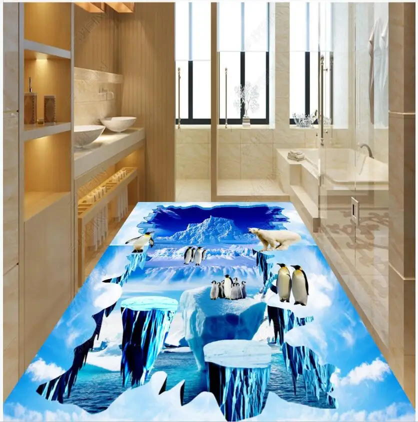 

3 d pvc flooring custom photo waterproof self-adhesion floor Ice and snow world ocean wave animals 3d wall murals wallpaper