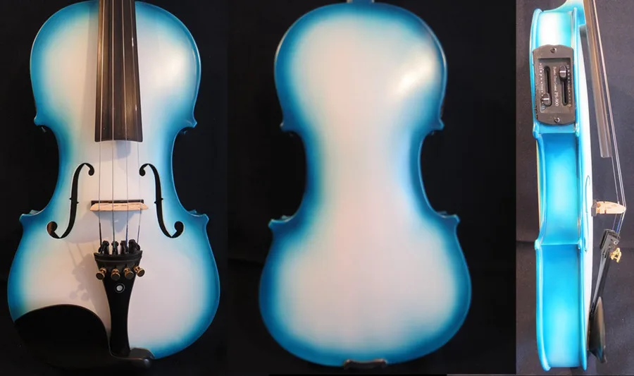 Красивая однотонная деревянная сине-белая электрическая и акустическая скрипка