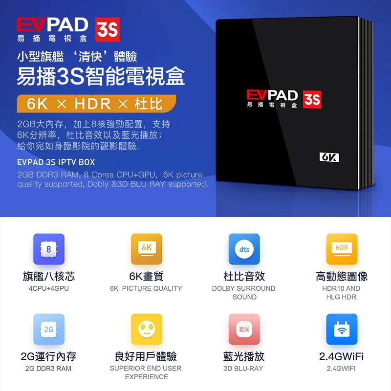 EVPAD 3 3S 3 плюс 3Max+ Android tv box IPTV Set-Top box Android 7,0 Поддержка BT WI-FI