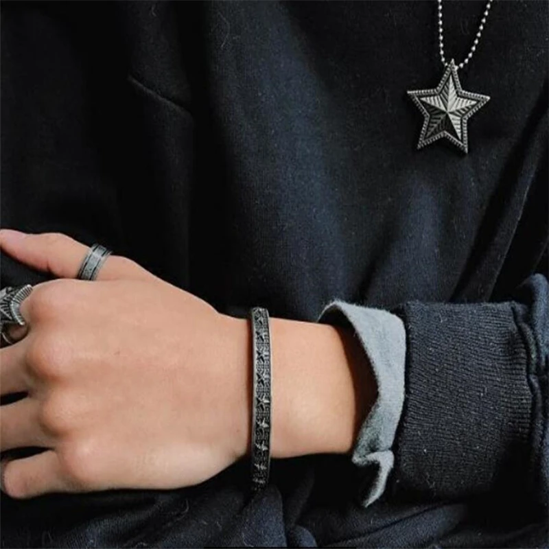 Fashion brand retro five-pointed star titanium steel bracelets 316L Cuff personality men and women open bracelet European | Украшения и