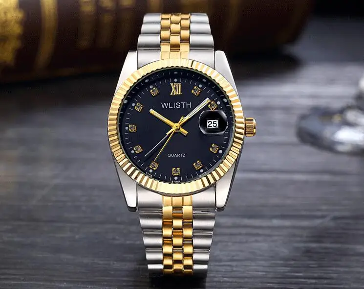 Gold Black For Man Wlisth роскошные золотые часы для женщин и мужчин, для влюбленных, полностью из нержавеющей стали, Кварцевые водонепроницаемые мужские наручные часы для мужчин, аналоговые часы с автоматической датой - Цвет: Gold Black For Man