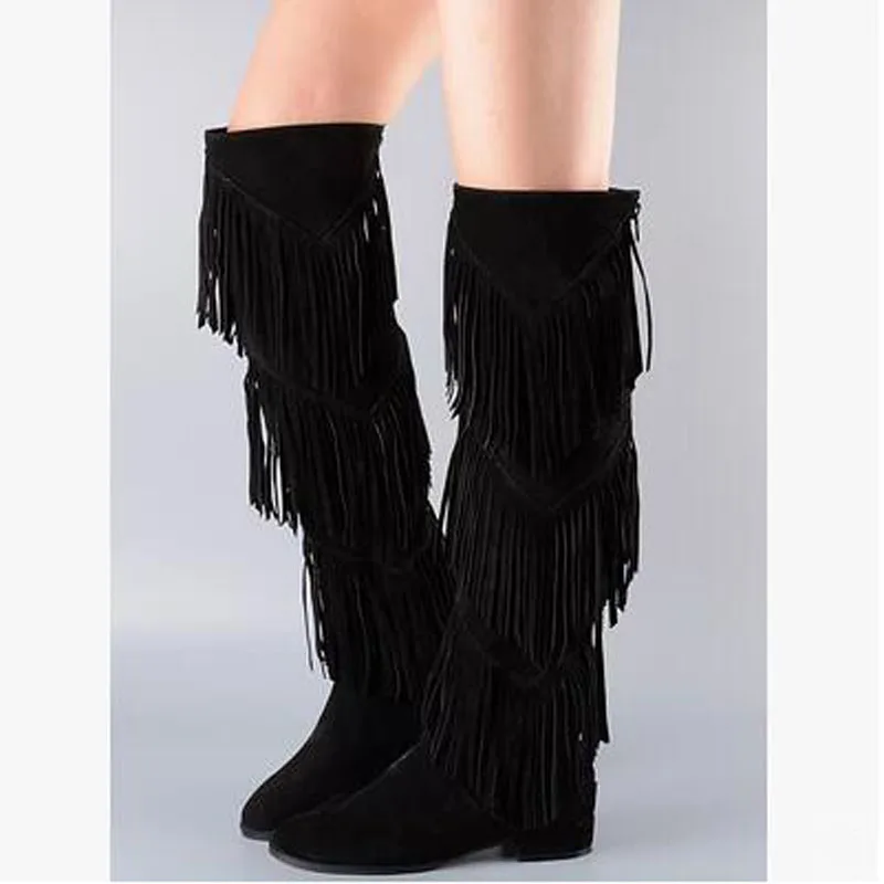 Unique Bohemia Nubuck Genuine Leather Fringe Thigh High Boots Over The Knee Motorcycle Native Shoes Woman Winter Botas 2015 | Обувь