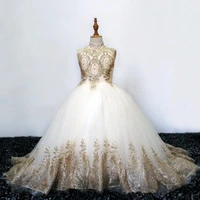 elegant high neck lace a line flower girl dresses tulle gold lace applique floor length gilrs pageant birthday party dresses
