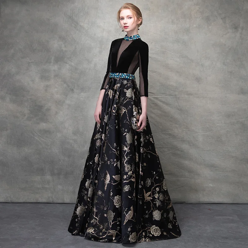 Роскошное черное бархатное кружевное платье с бисером и кристаллами Vestidos De Festa