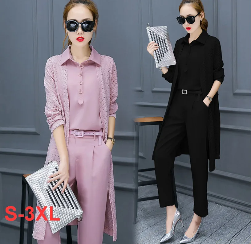 Женский костюм тройка облегающее черное/розовое платье с поясом и брюками модель