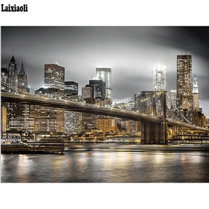 Алмазная вышивка Ночной город Нью-Йорка, квадратная круглая, 5D