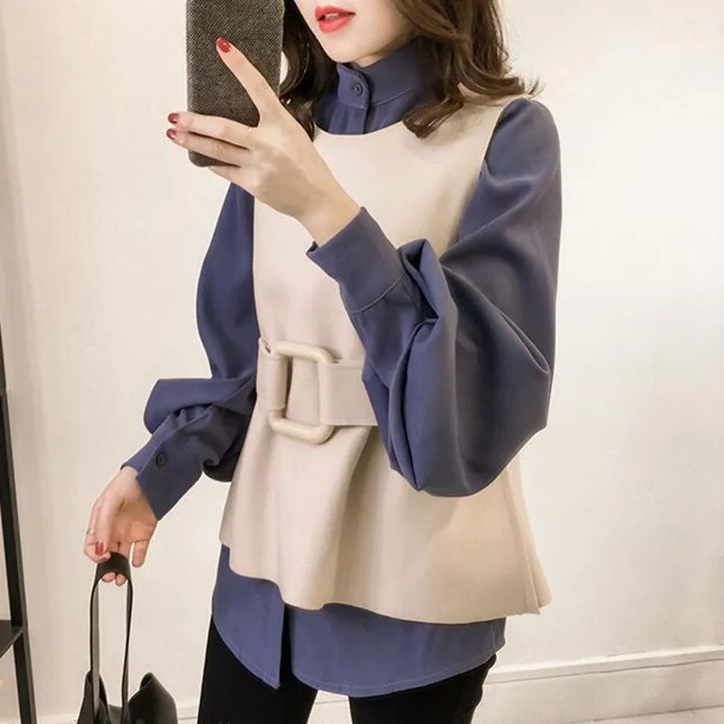 Plus Size New Women Tow Piece Sets Korean Style Sleeveless Vest And Lantern Sleeve Shirt Suits Sashes Casual Loose Outfits | Женская