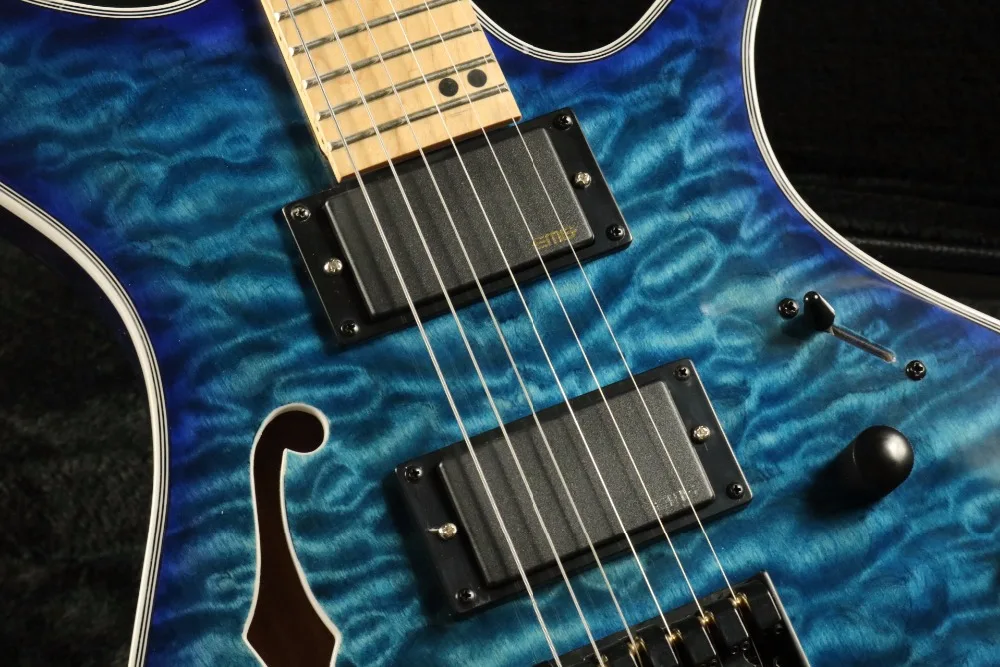 

Top quality FDHL-009 transparent blue color quilted maple veneer cover F hollow body headless electric guitar , Free shipping
