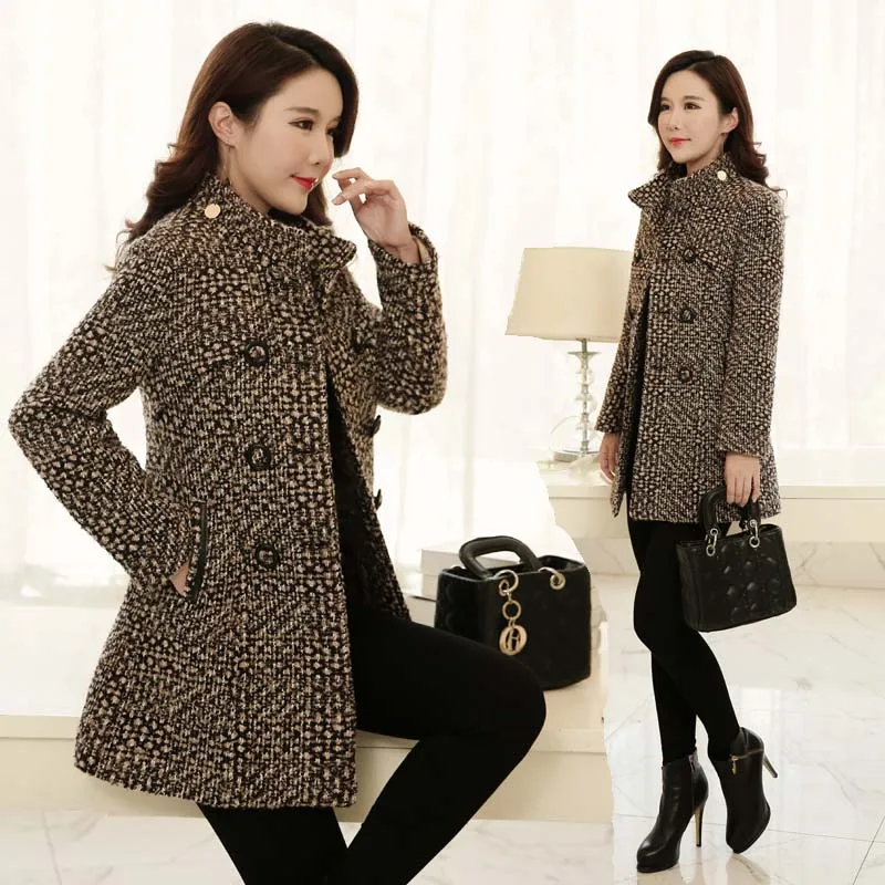 2020 Autumn Fashion Elegant Mother Turtleneck Plaid Slim Long Tweed Woolen Outerwear Female New Women's Wool Blends Coat Winter | Женская