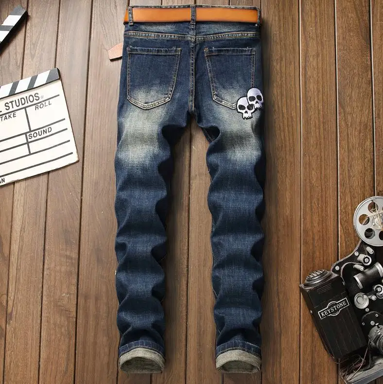 Брюки мужские эластичные с вышивкой оригинальные дизайнерские штаны дырками