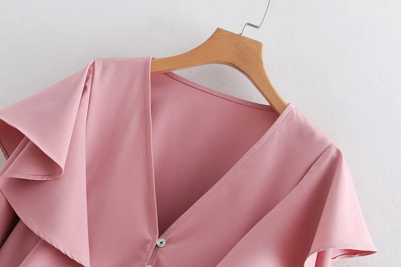 women sweet v neck laminated ruffles pink smock shirt blouses long sleeve chic feminina blusas office business tops LS2684 |