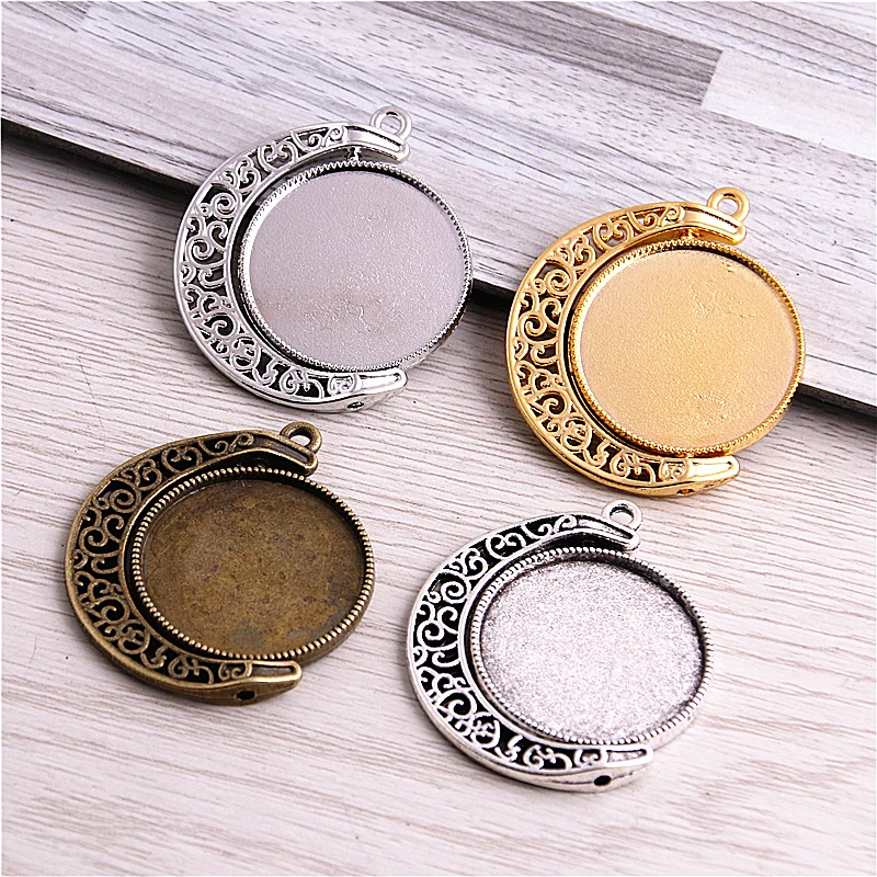 

10pcs 4 color Fit 25mm Metal MIX Trendy Rond moon Rotation Double sided Cabochon Pendant Settings Fit necklace pendant D7009