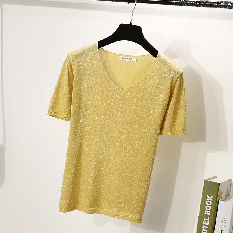 Высокое качество с v-образной горловиной Тонкий блестящий вязаный свитер пуловер