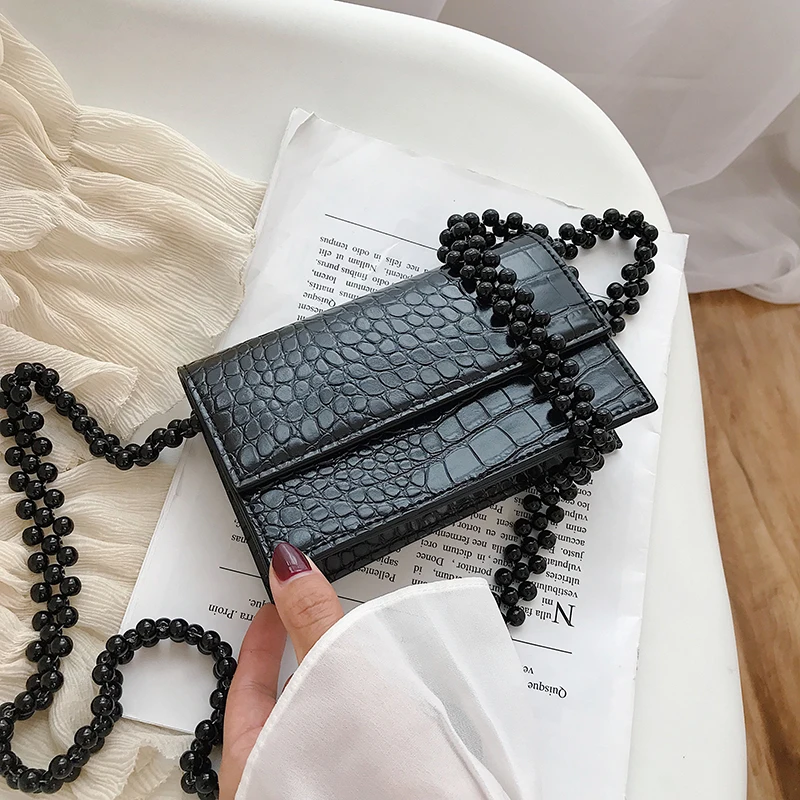 Black large Маленькая квадратная мини-сумка с каменным клапаном летняя Новая высококачественная женская дизайнерская сумка из искусственной кожи Сумка через плечо с бисером - Цвет: Black large