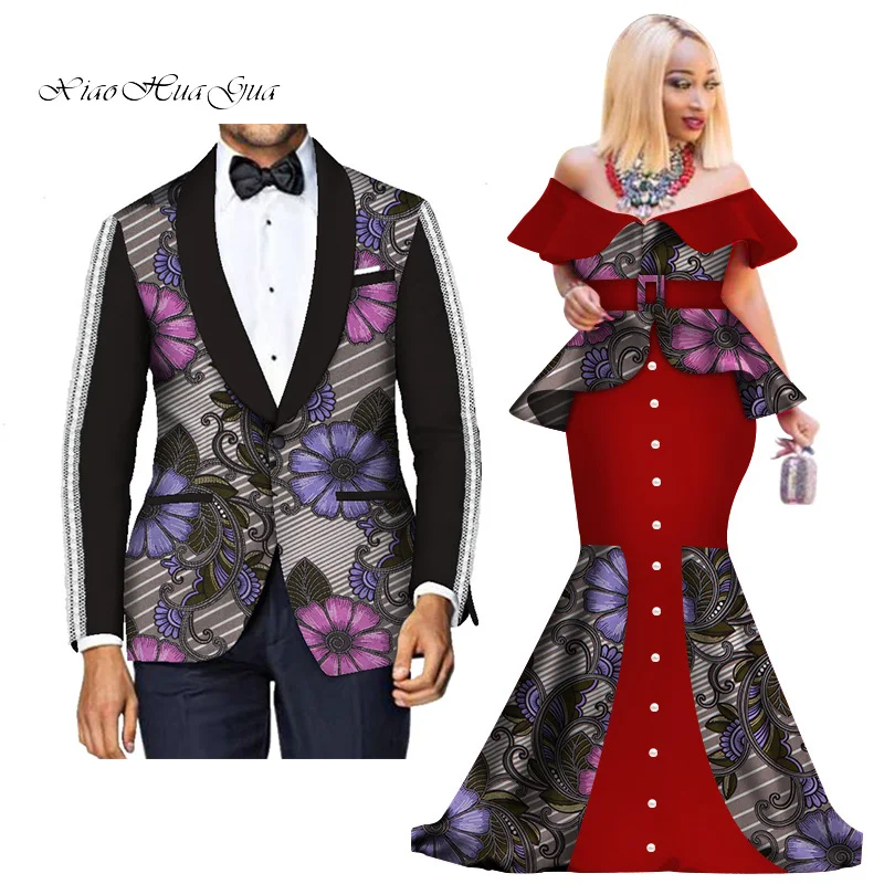 2 Fashion Custom African Couple Wedding Clothing Dashiki Women Skirt& Men Blazer for Lovers African Traditional Clothing WYQ276 - Цвет: 2