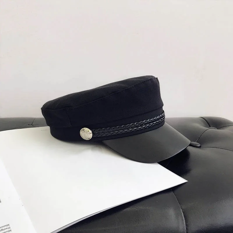 black Модная женская шляпа из искусственной кожи в стиле милитари, Хлопковая женская шляпа с плоским верхом - Цвет: black