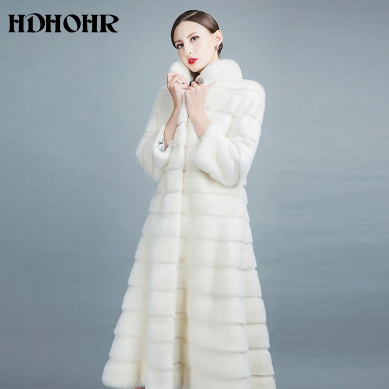 HDHOHR 2022 High Quality Natural Mink Fur Coats Long With Skirt Women Winter Real White Mink Coats Slim Warm Fur Jackets Feamle