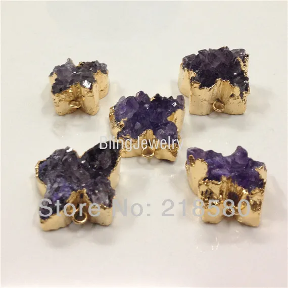 H-AMD34 Raw Druzy Amethysts Cluster Butterfly Pendant with Gold | Украшения и аксессуары